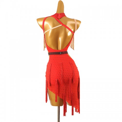 Red with gold tube fringed bling competition latin dance dresses for women girls slant neck one shoulder salsa rumba chacha rhythm dancing costumes for female